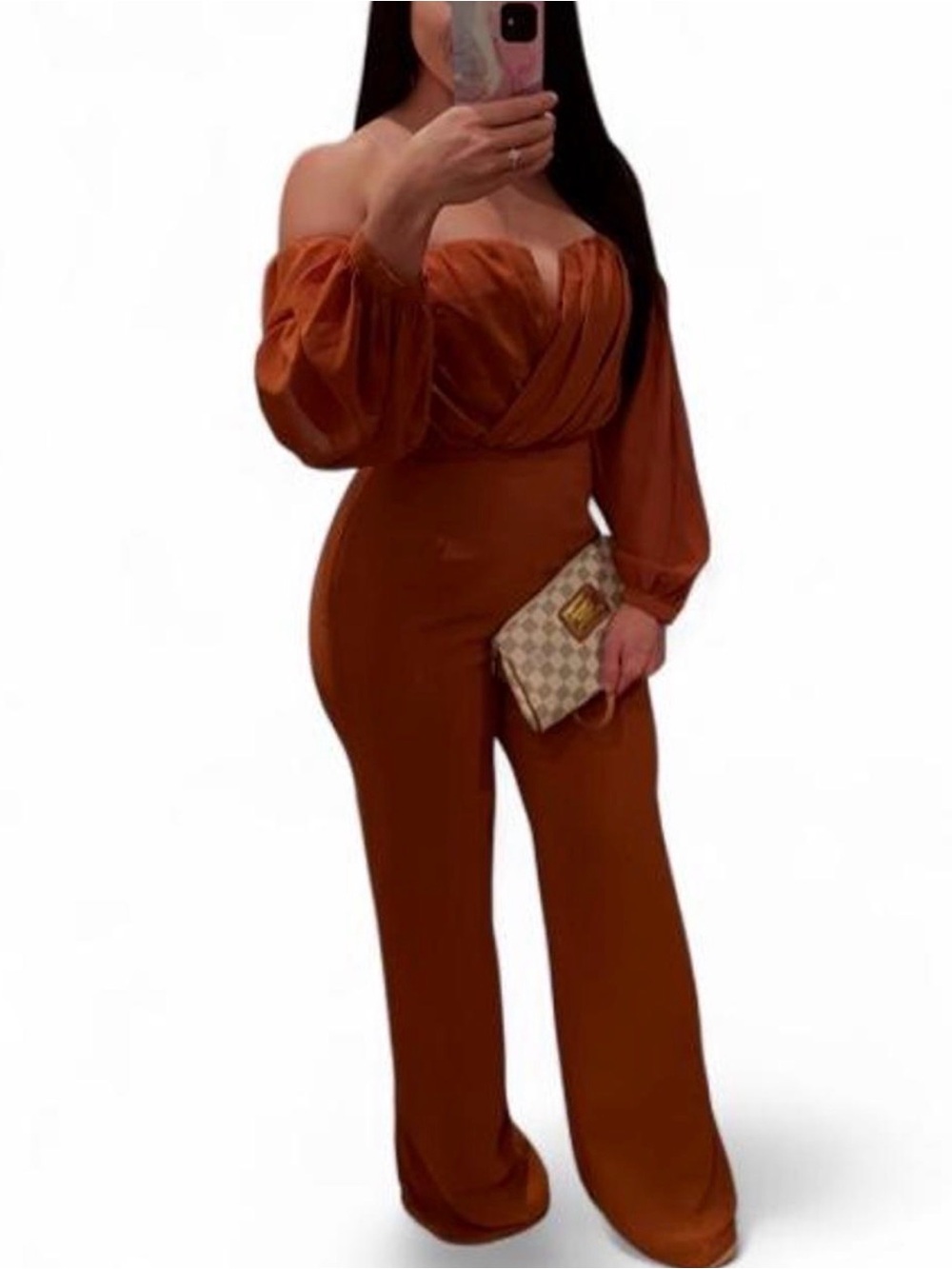 Off-Shoulder Rust Jumpsuit with Draped Bodice